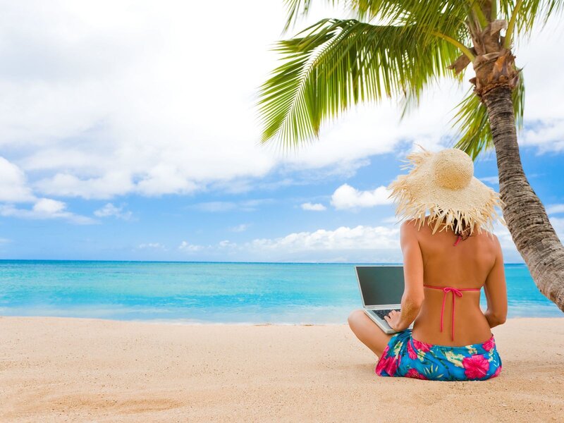 Woman on Beach with Laptop — Blue, Relaxed