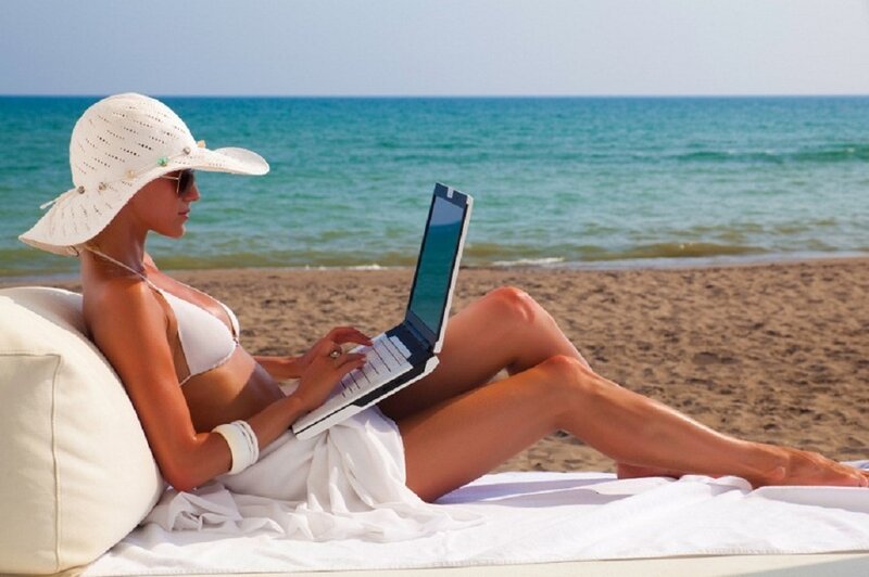 Woman on Beach with Laptop — White