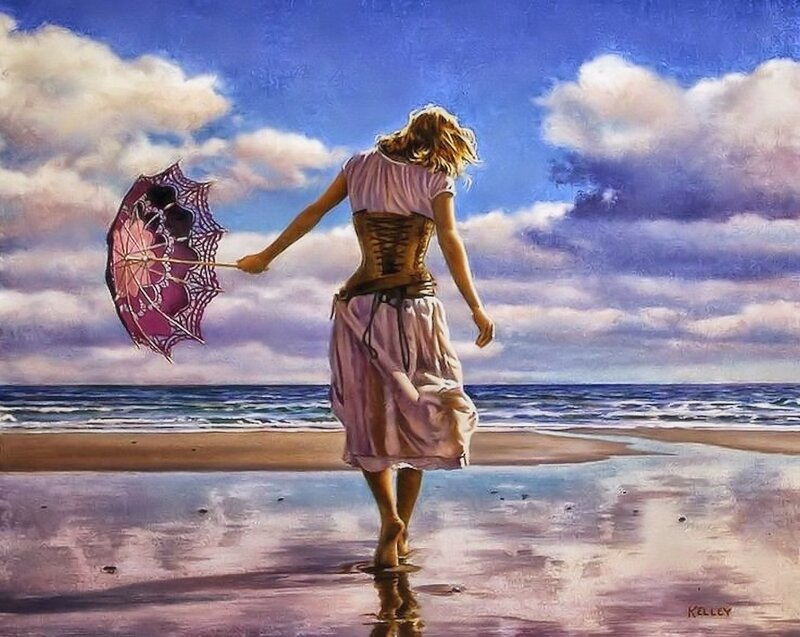 Woman on Beach with Parasol — Blue