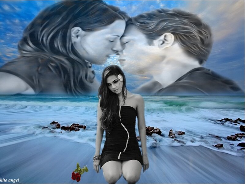 Woman on Beach with Rose — Blue, Dreamy