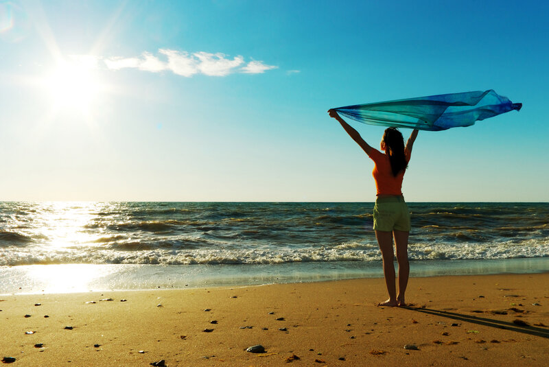 Woman on Beach with Scarf — Blue, Serene