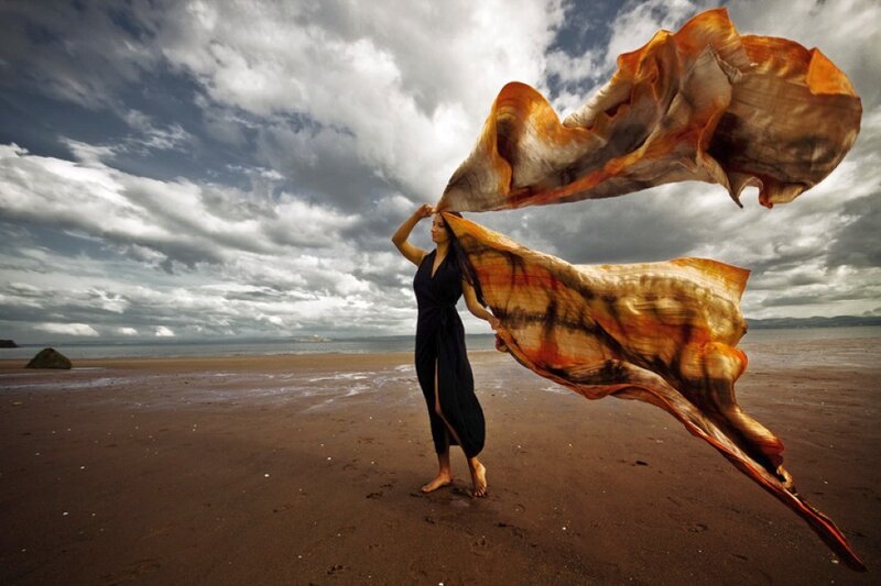 Woman on Beach with Scarf — Brown