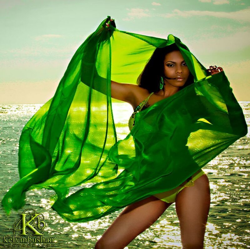 Woman on Beach with Scarf — Green