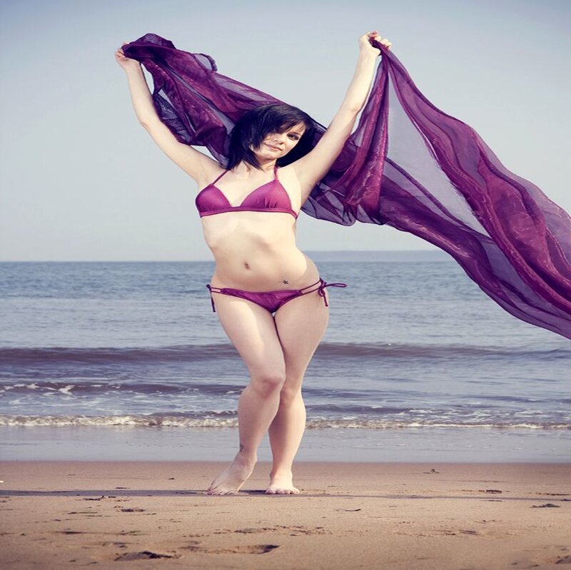 Woman on Beach with Scarf — Purple