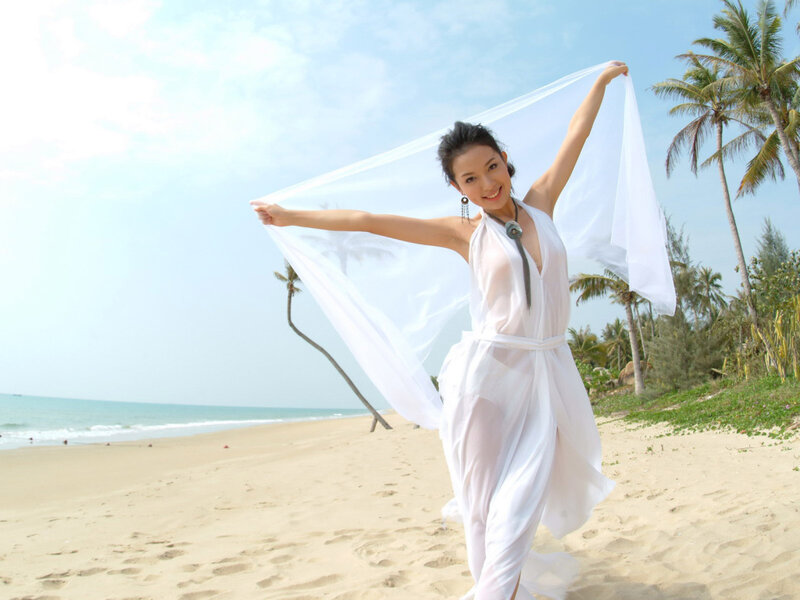 Woman on Beach with Scarf — White
