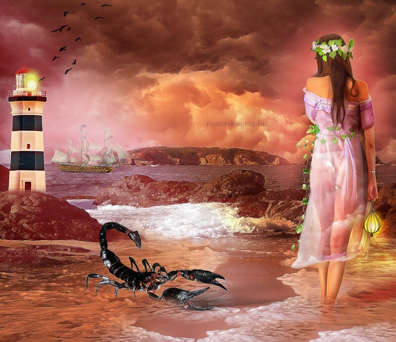 Woman on Beach with Scorpion
