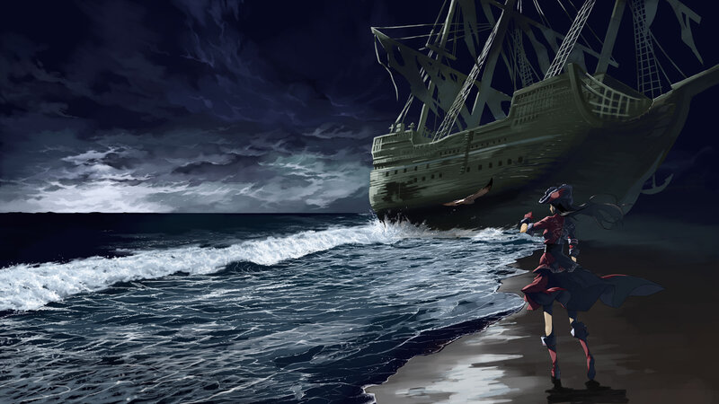 Woman on Beach with Ship — Dark Blue