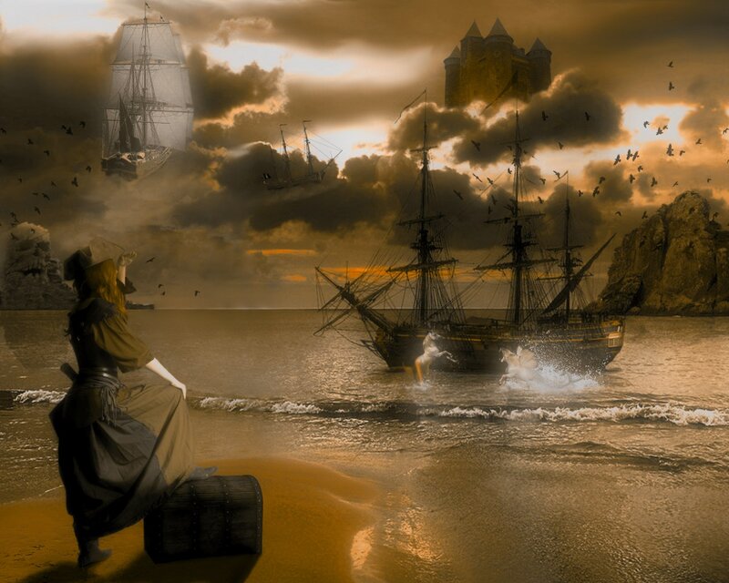 Woman on Beach with Ships