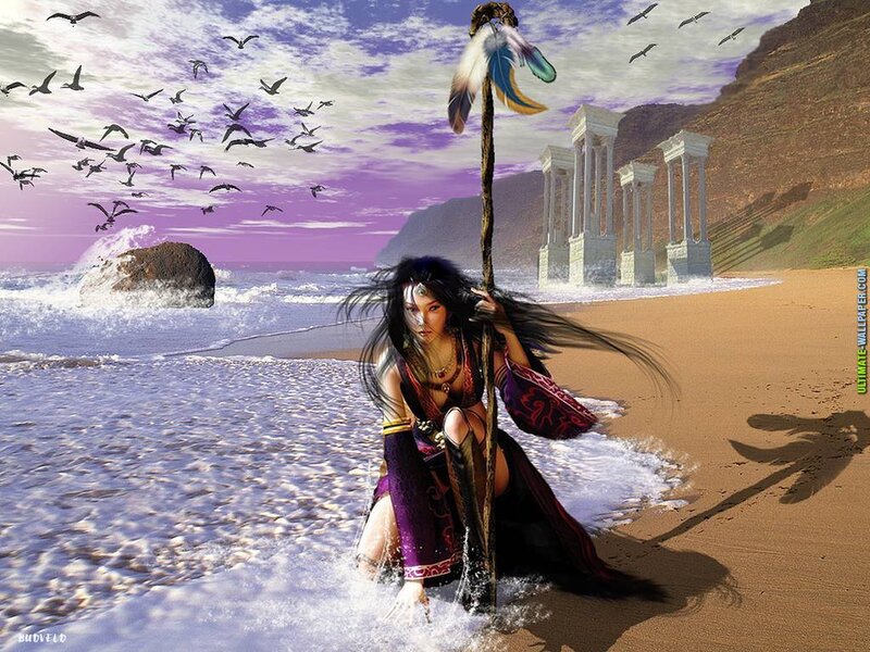 Woman on Beach with Staff — Purple