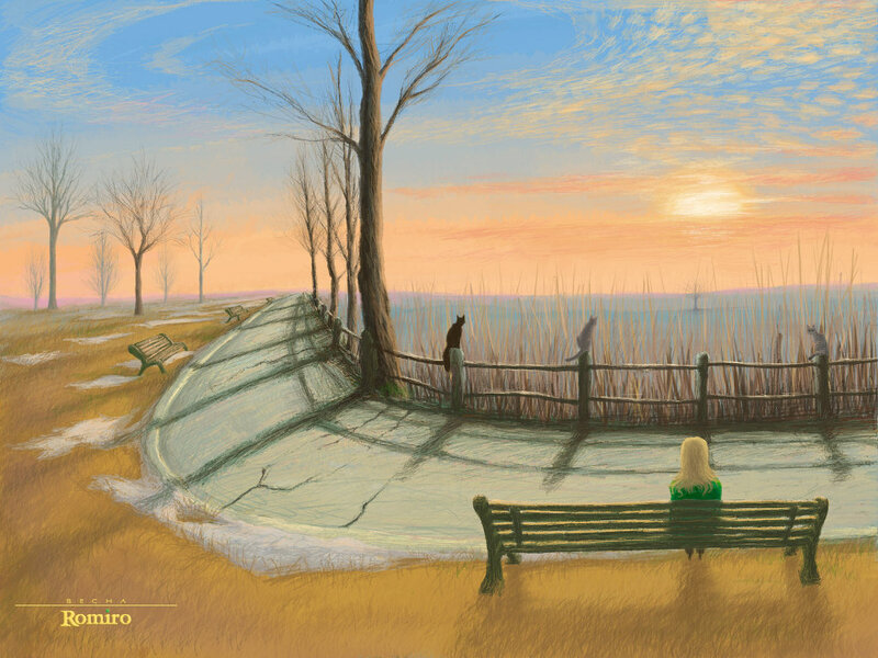 Woman on Bench at Sunset — Blue, Serene