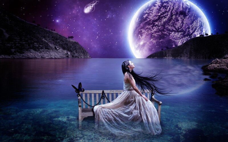 Woman on Bench by Lake — Purple, Serene, Night, Digital Art, Planet