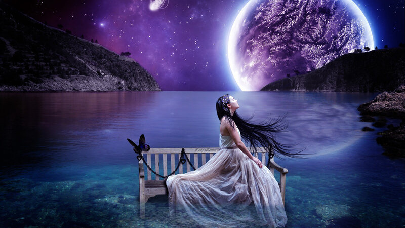 Woman on Bench by Lake — Purple, Serene, Night, Digital Art