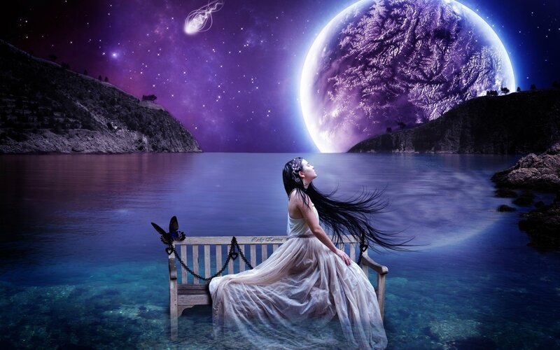 Woman on Bench by Lake — Purple