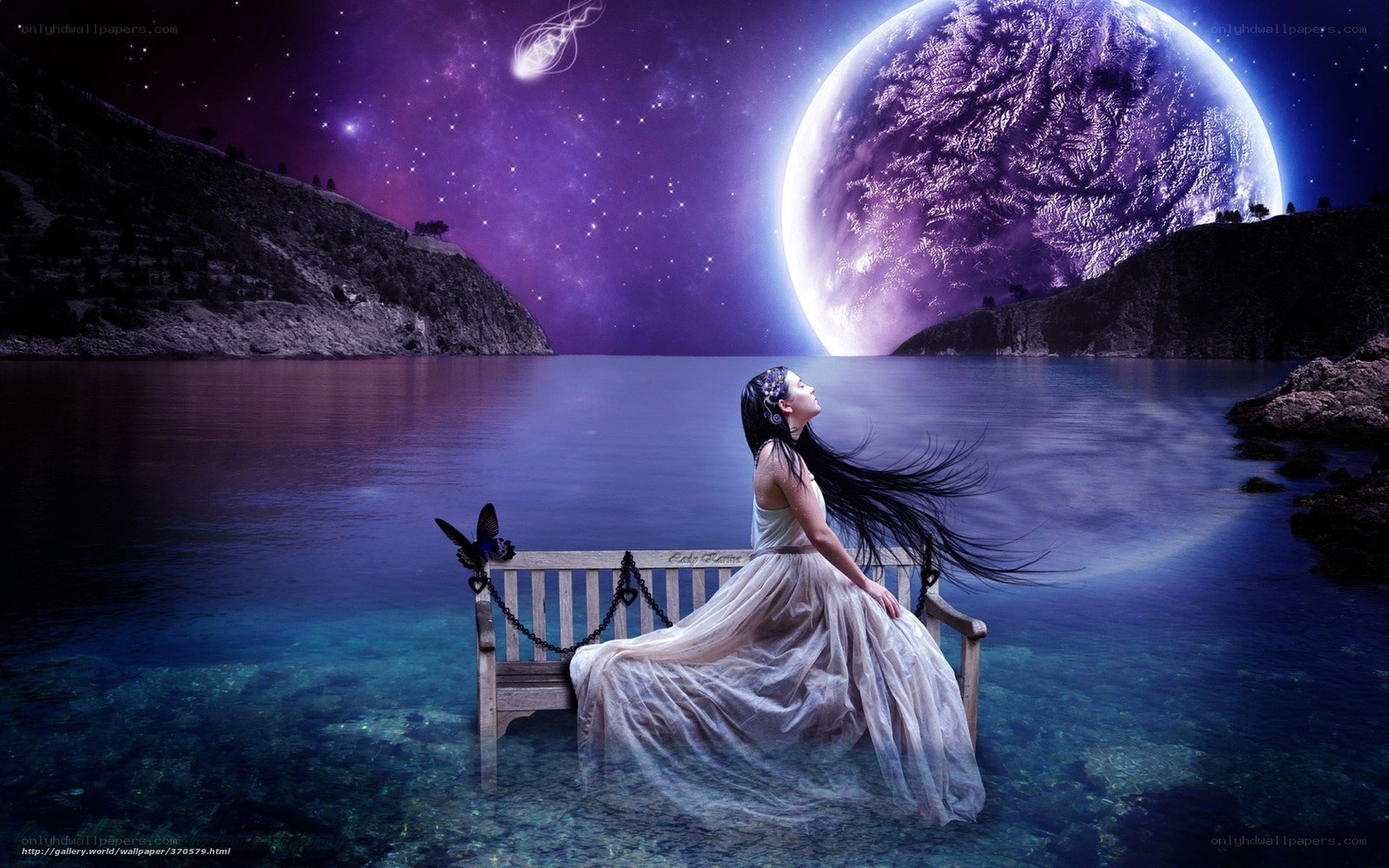 Woman on bench by lake