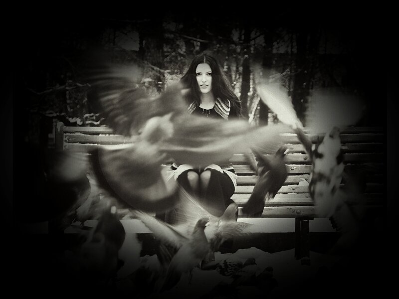 Woman on Bench with Birds