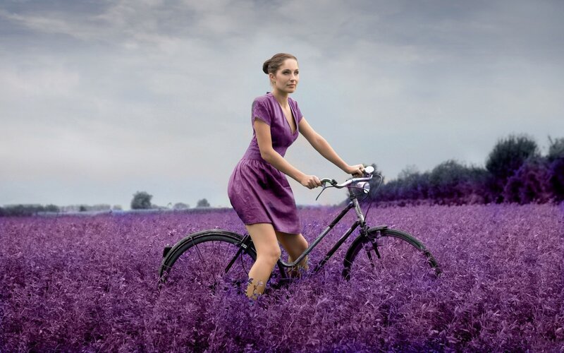 Woman on bicycle in purple field