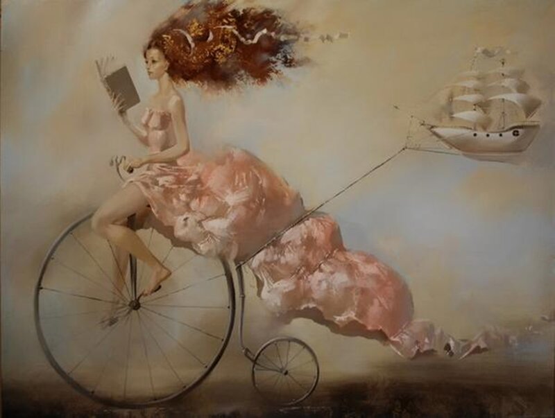 Woman on Bicycle — Pink