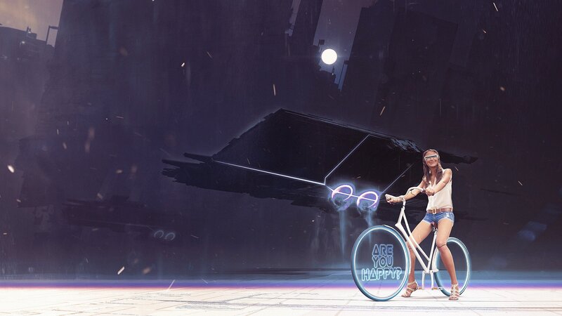 Woman on Bicycle — Purple, Dramatic, Night
