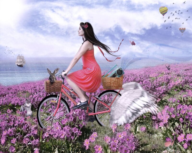 Woman on Bicycle — Purple, Dreamy
