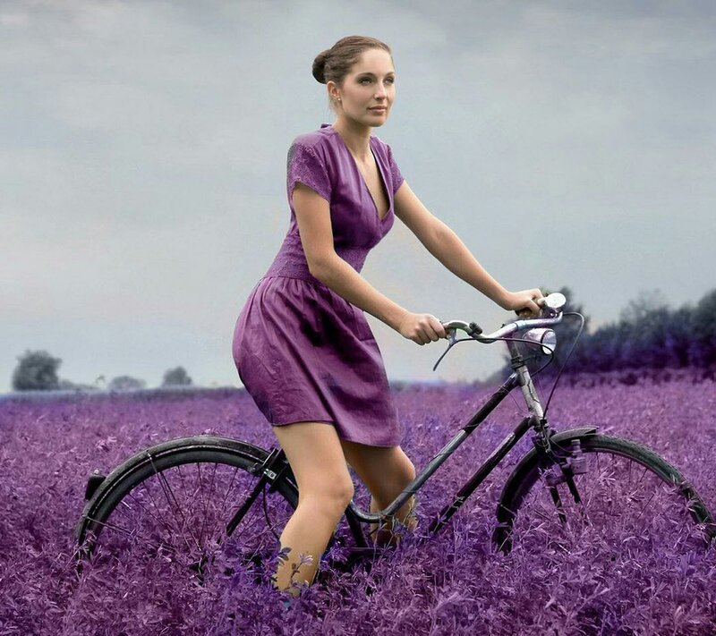 Woman on Bicycle — Purple, Serene, Photograph