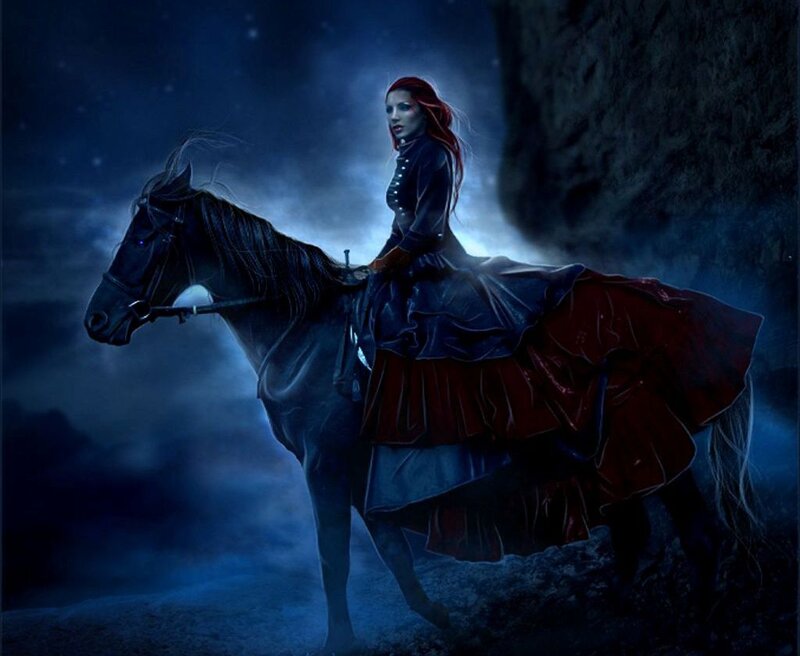 Woman on Black Horse — Blue, Dramatic, Night