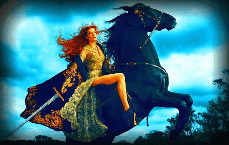 Woman on Black Horse — Blue, Dramatic