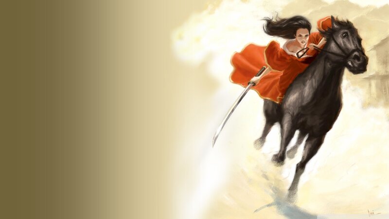 Woman on Black Horse — Dramatic, Digital Art, Sword, Red Dress