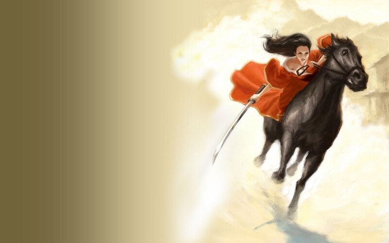 Woman on Black Horse — Dramatic, Digital Art, Sword
