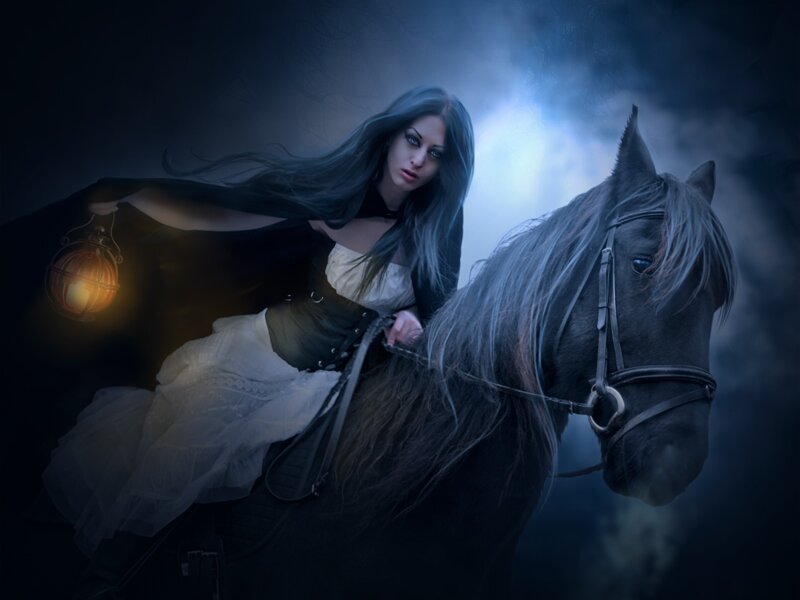 Woman on Black Horse — Dramatic, Night