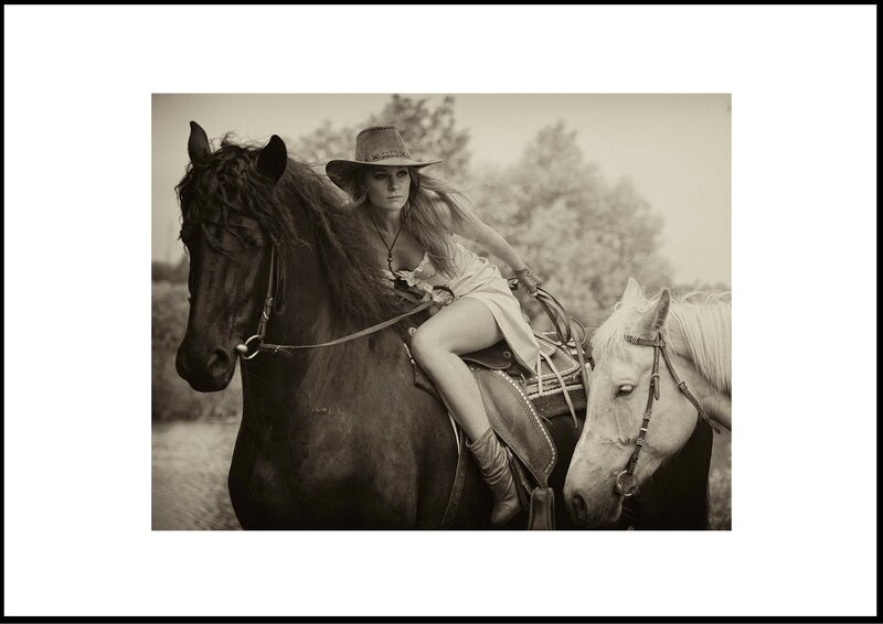 Woman on Black Horse — Dramatic, Photograph, Cowboy Hat