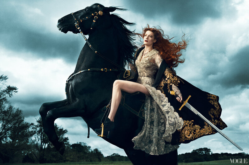 Woman on Black Horse — Dramatic, Photograph
