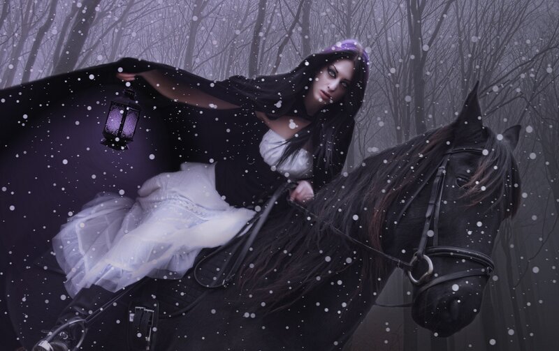 Woman on Black Horse — Dramatic, Winter