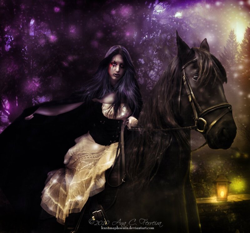 Woman on Black Horse — Purple, Dramatic