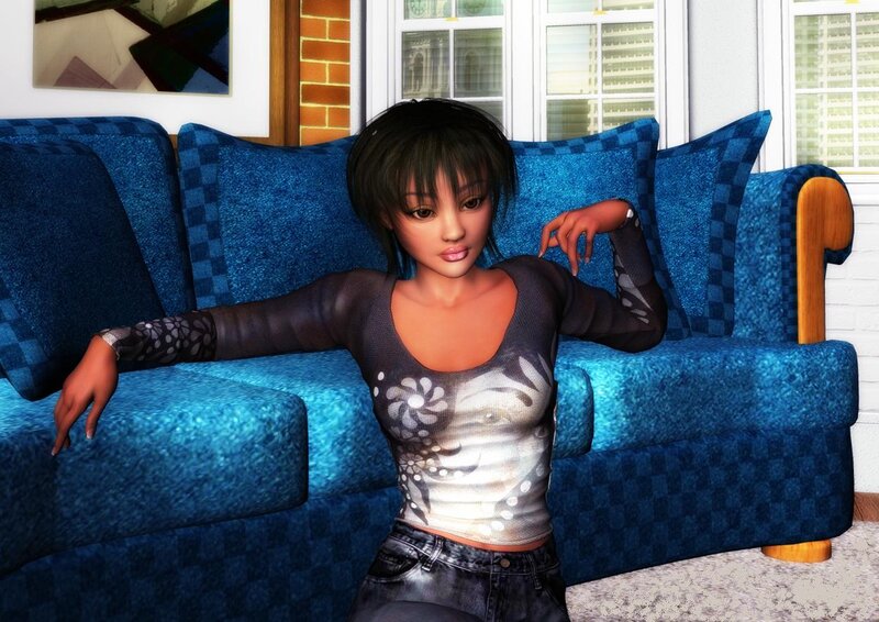 Woman on Blue Couch — Relaxed, Afternoon, 3d Render