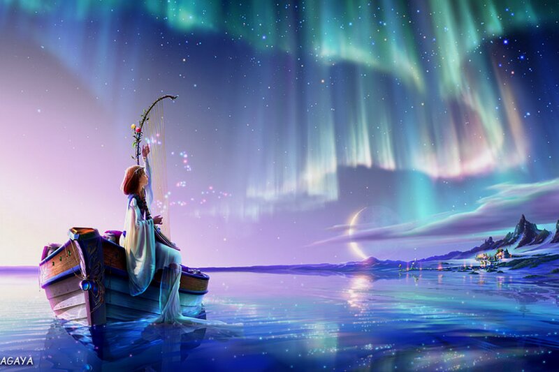 Woman on boat under aurora