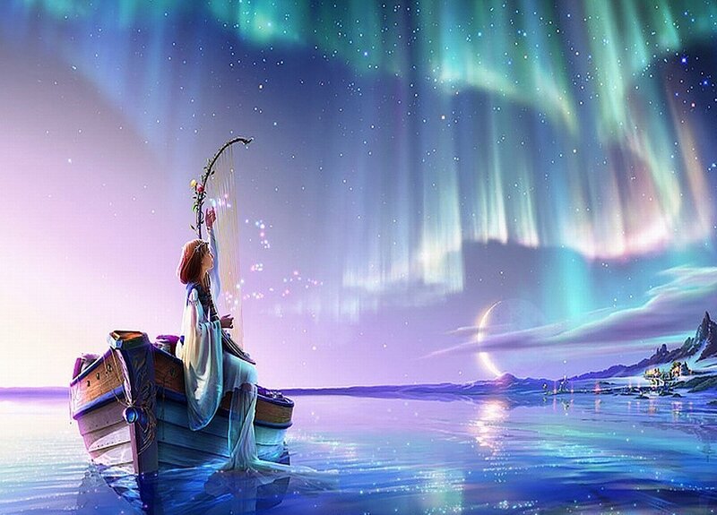 Woman on boat under aurora