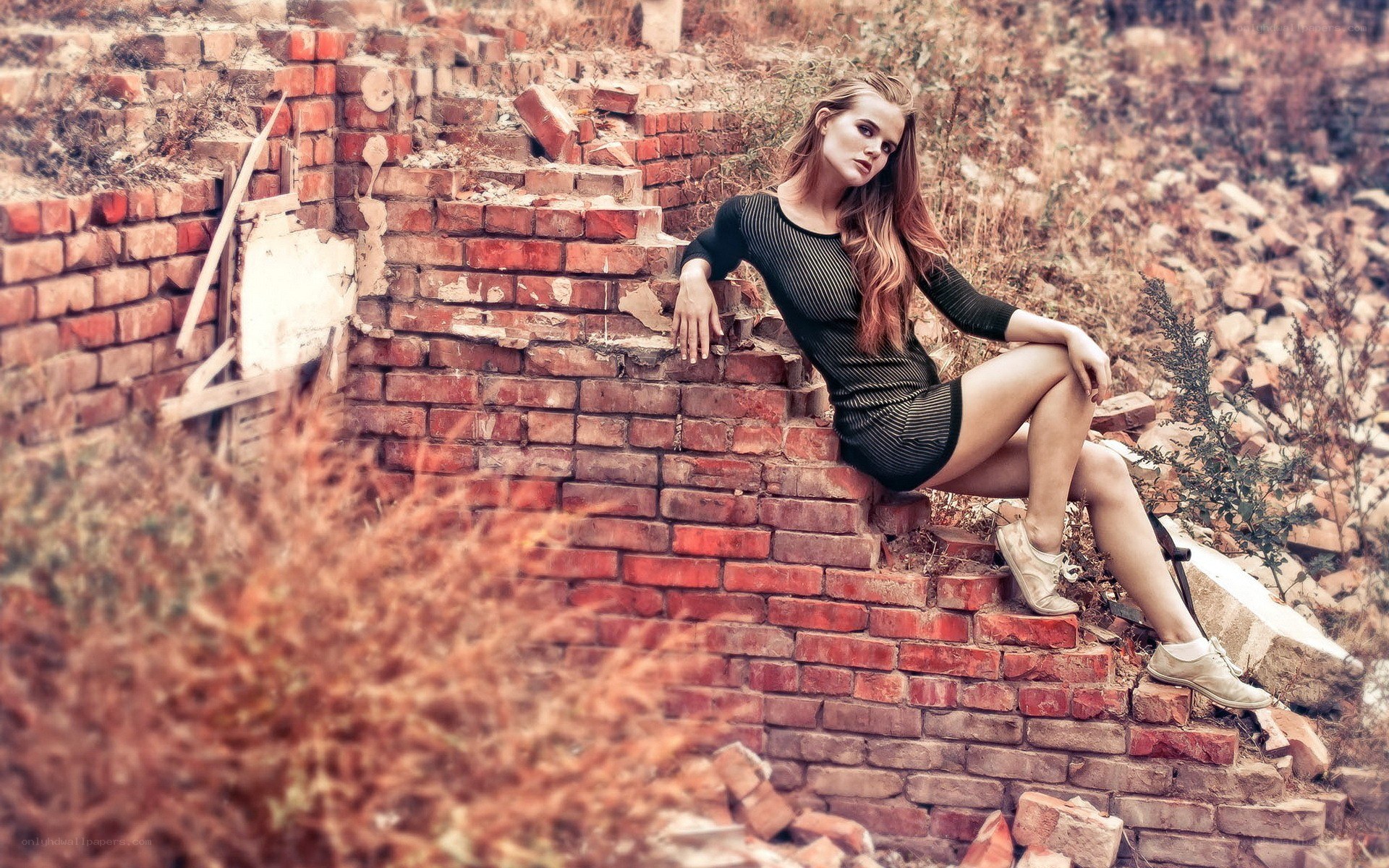 woman on brick steps