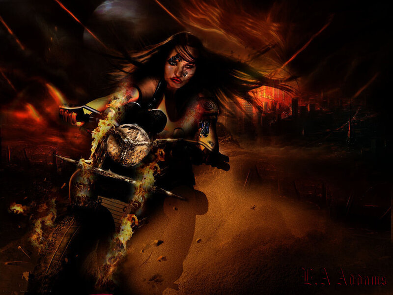 Woman on Burning Motorcycle