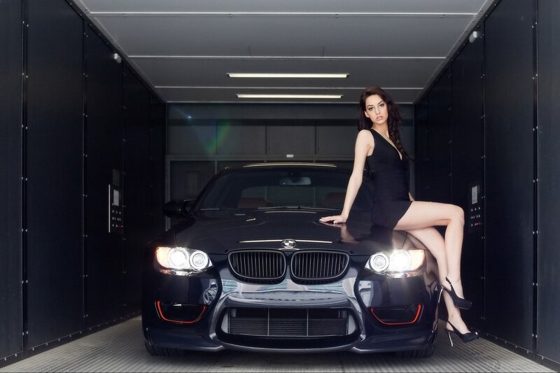 Woman on Car Hood — Black, Dramatic, Photograph, Elevator, Dress