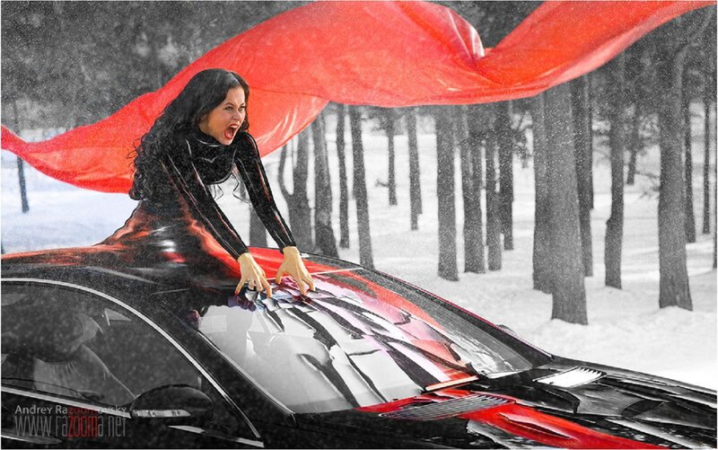 Woman on Car Hood — Black, Dramatic, Winter