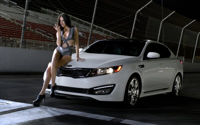 Woman on Car Hood — White, Dramatic, Night
