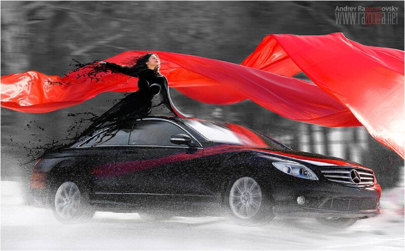 Woman on Car Roof — Black, Dramatic
