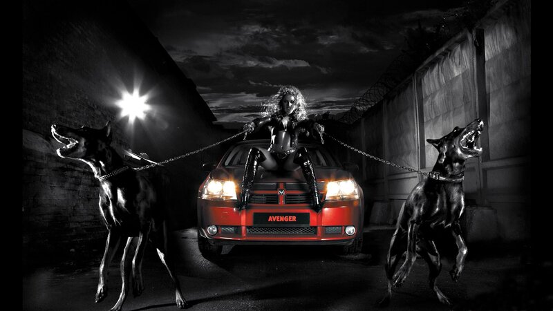 Woman on car with dogs