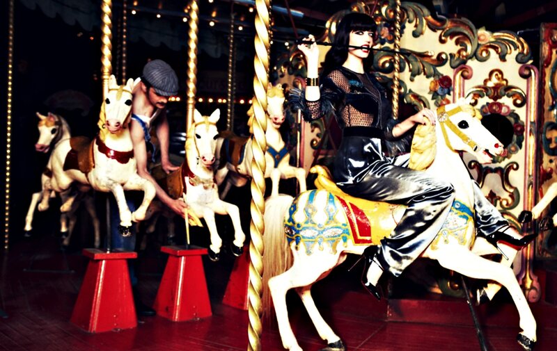 Woman on Carousel Horse — Black, Dramatic, Night