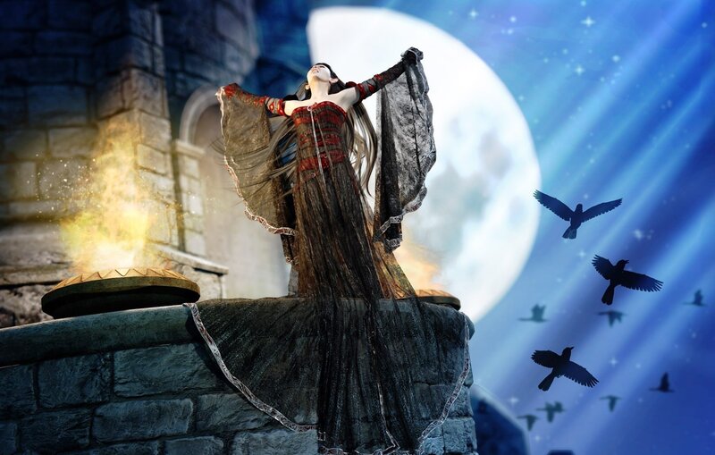 woman on castle tower at night