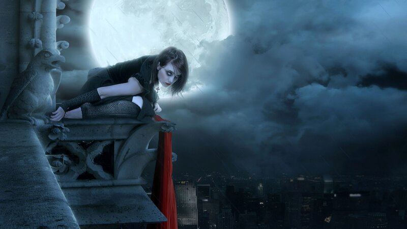 Woman on Cathedral Ledge — Blue, Dramatic, Night