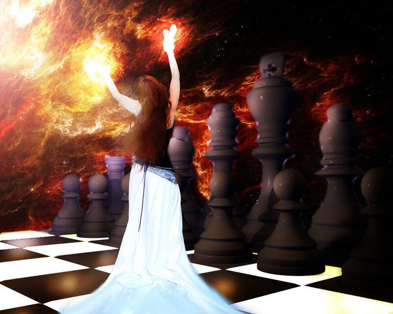 Woman on Chessboard — White, Dramatic