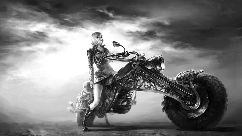 Woman on Chopper Motorcycle — Black, Dramatic, Digital Art