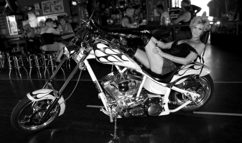 Woman on Chopper Motorcycle — Black, Dramatic, Night, Photograph