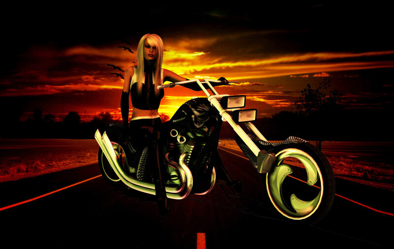 Woman on Chopper Motorcycle — Black, Dramatic, Sunset